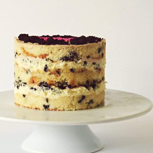 Chocolate Chip Layer Cake with Cheesecake Filling & Coffee Frosting